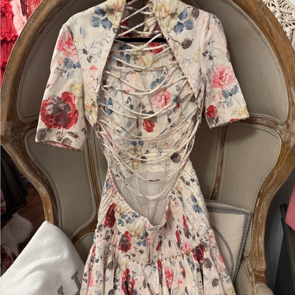 Zimmermann Mischief Cream Floral Pintuck Mini Dress w/Pink Roses Corset Back - Picture 11 of 12